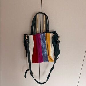 Multicolor Leather Stripe Suede Tote Bag with Green Handles